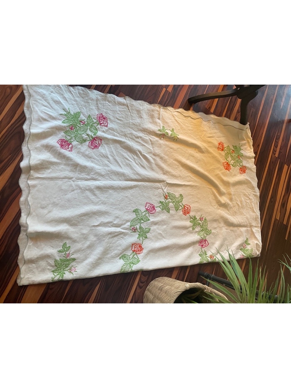 Vintage Hand Embroidered 63x77 Linen Tablecloth